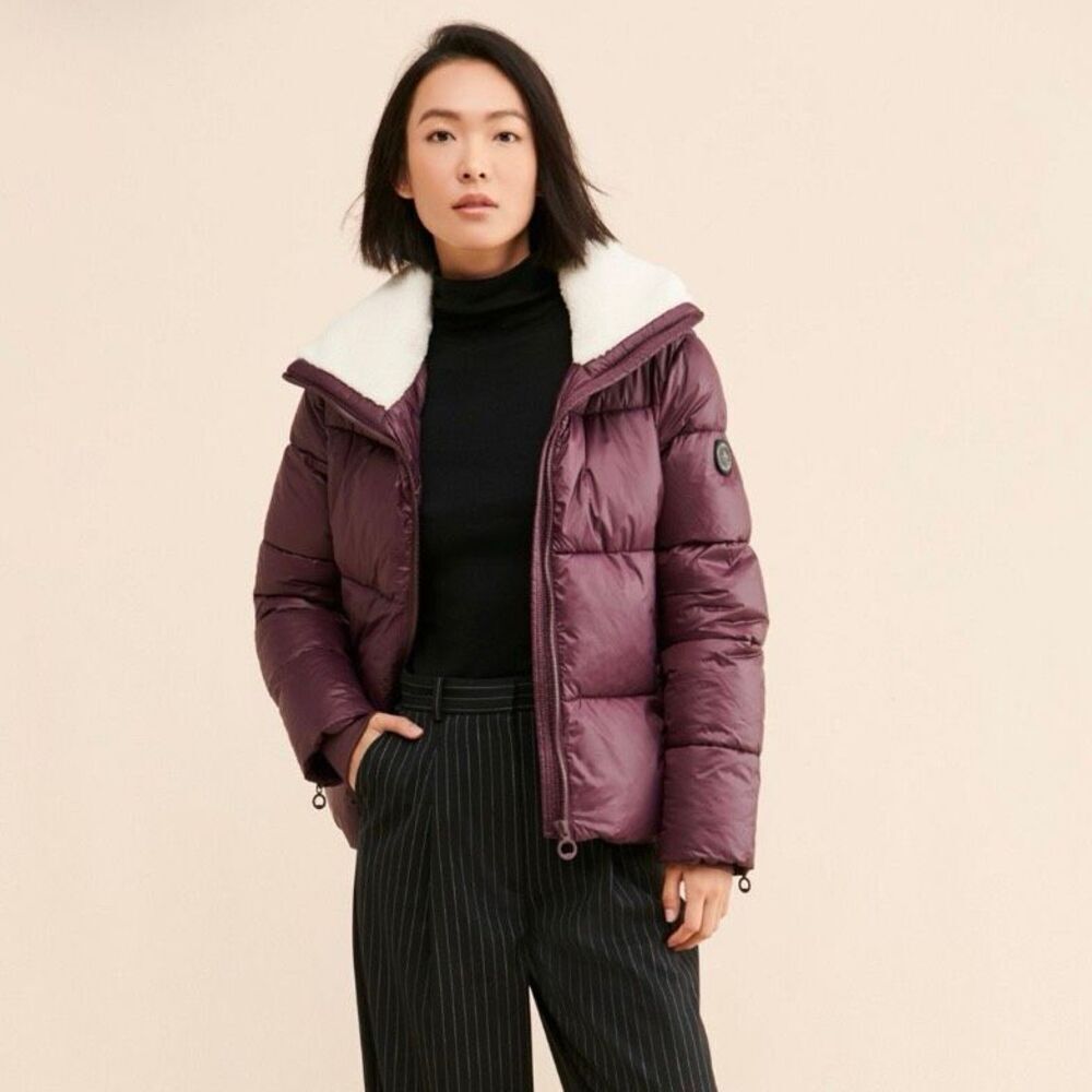 Noize Plum Puffer Jacket Sherpa Fleece Collar Vegan Winter Coat Size M Anthropol